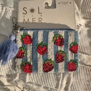 NWT Sol & Mer Beaded Strawberry Coin Purse in Light Blue and Red